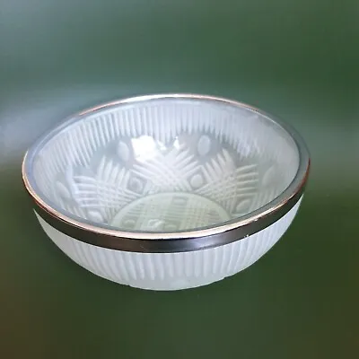 Buy Frosted Glass Green Bowl With Metal Rim 8.5  Vintage • 17£