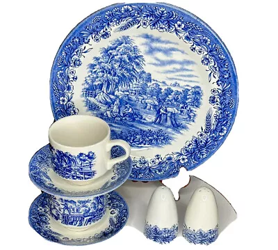 Buy Vintage Churchill England Blue Willow China Plate Cups & Saucers Salt Pepper • 47.49£