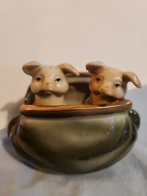 Buy Old German Ceramic 2 Pink Pigs In A Money Purse Figurine • 36.05£