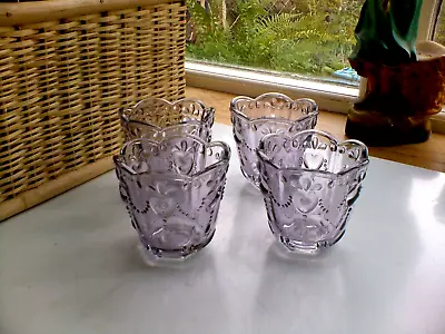 Buy Set Of 4 Pretty Patterned Amethyst Pressed Glass Tealights / Candle Holders • 15£