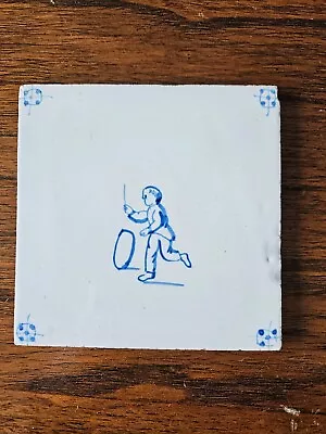 Buy Dutch Delft Tile, Child Playing, Blue And White, 19th Century Tile • 20£