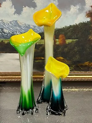 Buy Amazing Three Pieces Of Yellow Hand Blown Jack In The Pulpit Art Glass Vases • 122.75£