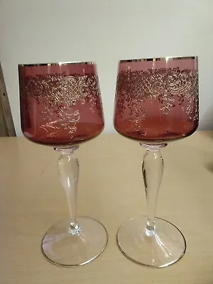 Buy 2 X Vintage Bohemian Cranberry Glass Gilded Wine Glasses EXC ❤️CHARITY • 11£