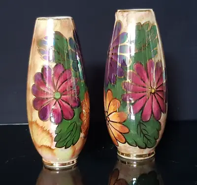 Buy Vintage J Fryer Ltd Oldcourt Ware Pair Of Hand Painted Floral Lustre Vases • 19.99£