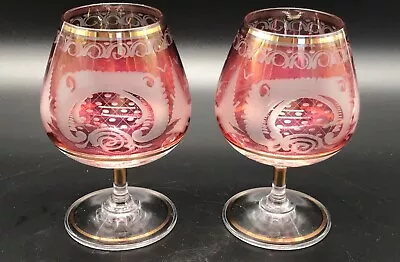 Buy Cranberry Bohemian Cut To Clear Sm Brandy Snifters Cordials Set Of 2 Gold Accent • 30.36£