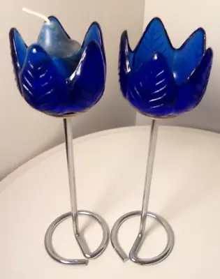 Buy Vintage-Pair Blue Glass Flower Candle Holders-Metal Stem Decorative+Free Candles • 18£