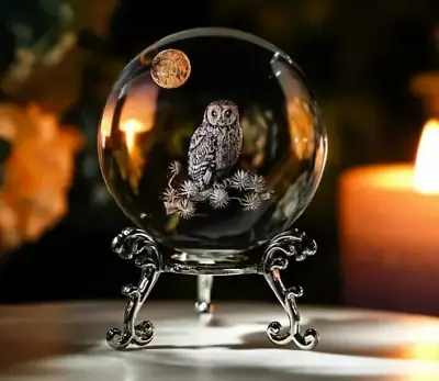 Buy Crystal Ball 3D Glass Sphere With Stand Owl Moon Home Decor Art Ornament Gift • 9.95£