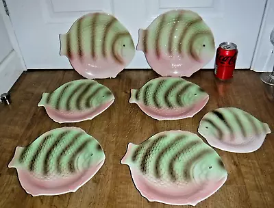 Buy Set Of 7 Rare Retro Shorter & Sons Ltd Fish Plates ~ Green & Pink ~ 1940's/50's • 59.99£