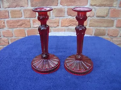 Buy Marinha Grande Carnival Glass Era Rare Ruby Red Pair Of Nice Thebes Candlesticks • 78£