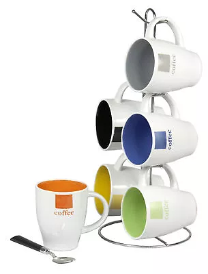 Buy Home Basics 6-Piece Ceramic Mug Set With Stand, Coffee, Multicolor • 23.45£