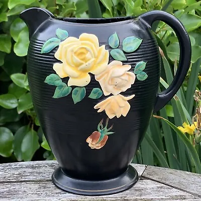 Buy 8” Vtg 1930s Floral Roses 'Brentleigh Ware—Kensington’ Black Pitcher Jug / Vase • 35£