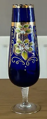 Buy Vintage Bohemian Cobalt Blue Glass Vase Gold Gilt Floral Hand Painted 10” • 28.99£