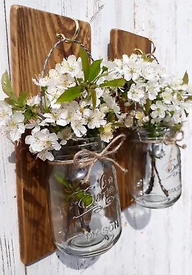 Buy Wooden Wall Mounted Flower Jar 2 Glass Mason Candle Holders Lantern Rustic Wood • 32.90£