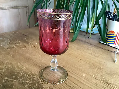 Buy Antique Bohemian Cranberry Glass Gilt Accents Turquoise Enamel Bead Wine Goblet • 7£