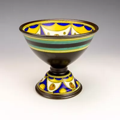 Buy Vintage Gouda Dutch Pottery - Geometric Pattern Footed Vase - Art Deco • 0.99£