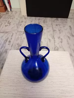 Buy Beautiful Vintage Cobalt Blue  Glass Vase With Reeded Handles. • 16£