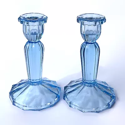 Buy Vintage Art Deco 1930s Blue Glass Candlesticks Pair Pressed Ribbed Height 13cm • 16£
