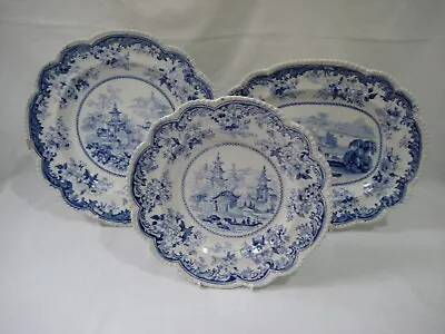 Buy Set Of 3 Blue And White Transferware Gadrooned Plates Chinese Porcelain • 15£