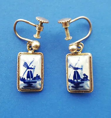 Buy Vintage Delft Rectangular Earrings Probably Silver: Ceramic Beads Windmill Motif • 10£