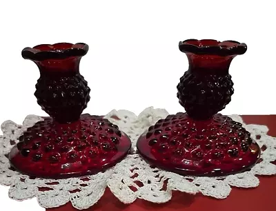 Buy G4-Vintage Fenton Ruby Red Hobnail Glass Candlestick Candle Holders Set Of Two • 28.76£