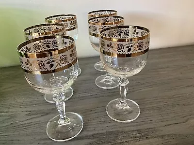 Buy Vintage Bohemian Czech Republic Wine Glasses Set Of 6 22K Gold And White Pattern • 42.39£