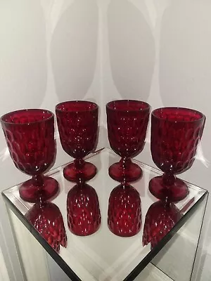 Buy Vtg 60’s Ruby Red Fenton Thumbprint Glass TallStem DrinkingGoblet 6⅜  12oz Set 4 • 61.66£