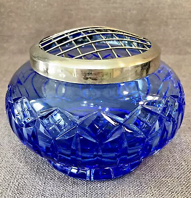 Buy Vintage Cobalt Blue Cut Glass 6” Rose Bowl With Silver Plate Trivet Lid • 26£