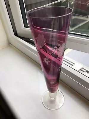 Buy Vintage  Tall Cranberry Coloured Etched With Flower And Leaves Glass X1 • 5£
