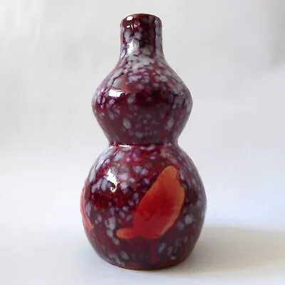 Buy Red Speckled Art Pottery Vase With Orange Leaves. Deep Red & White Glazed Clay • 12£