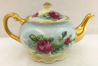 Buy Osborne China Tea Pot Hand Painted 22 Kt. Gold Dark Pink Roses Repaired Lid VTG • 47.37£