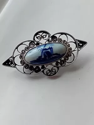 Buy Vintage Hand Painted Delft & Silver Filigree Brooch Blue White Pottery Signed • 19£