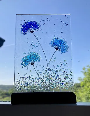 Buy Whimsical Handmade Fused Glass Art Blue Flower Picture & Oak Stand • 26.99£