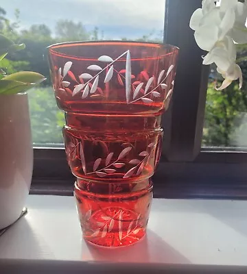 Buy Vintage Cranberry Red Cut To Clear Glass Vase • 12£