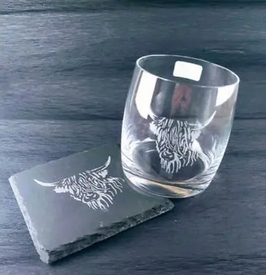Buy Highland Cow Engraved Crystal Whisky Glass 350ml & Square Rustic Slate Coaster • 13.95£
