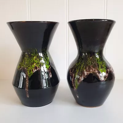 Buy Pair /2x Small Vintage Mid Century Black Green Lava Honeycomb Pottery Vases 15cm • 16£