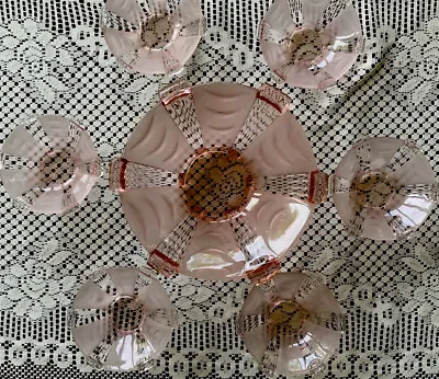 Buy Art Deco Pink Glass Trifle Dish & COMPLETE Set Of 6 Serving Dishes (Perfect) • 29£