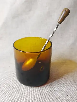 Buy Vintage Amber Glass Condement Pot With Twist Stem Spoon • 25.99£