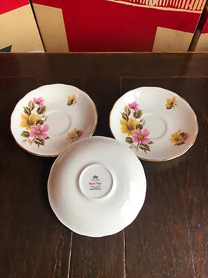 Buy Royal Vale Bone China Saucers Made In England Yellow & Pink Flowers Pattern Trio • 3£