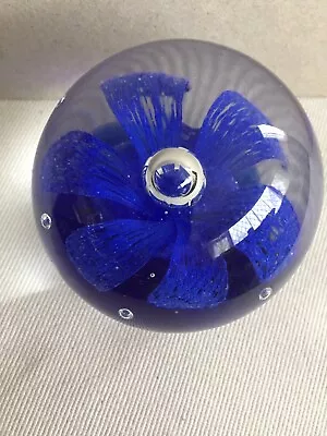 Buy Studio Art Glass:Cobalt Blue & Clear Flower  Paperweight With Controlled Bubbles • 10£