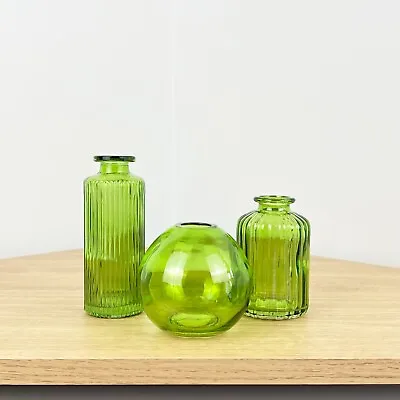 Buy Set Of 3 Small Bud Vases Green Clear Coloured Glass Flower Vintage Wedding Twig • 12.50£