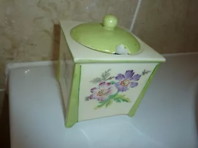 Buy Foreign Made Art Deco Pottery 8.5cm Square Green Preserve Pot With Flower Design • 18£