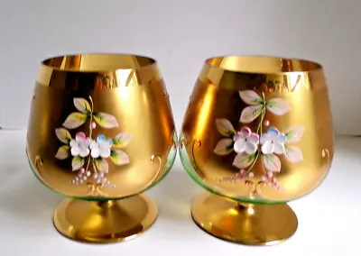 Buy Bohemian Glass  Brandy Snifter Hand Painted Enameled Flowers Gilt Gold, Set Of 2 • 82.04£