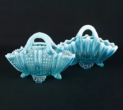 Buy Two Davidson Victorian Blue Pearline Opalescent Glass Bowls Basket Shaped • 19£