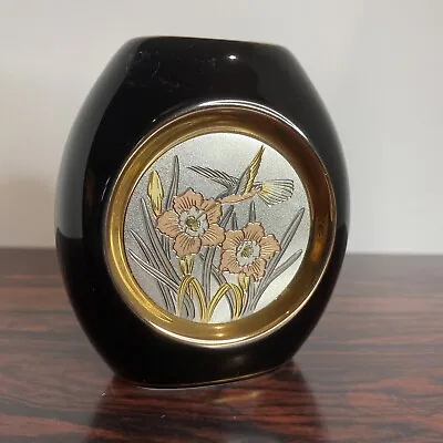 Buy 24k Gold And Silver Etched Japanese Chokin Blue Vase. Hummingbird And Flowers. • 8£