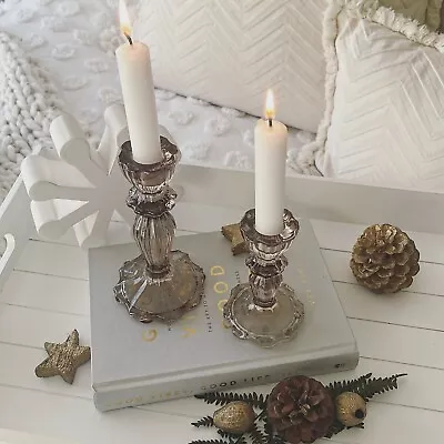 Buy Pair Of Mocca Glass Candlesticks Holders With Lace Edge Small & Large Decor • 16.99£