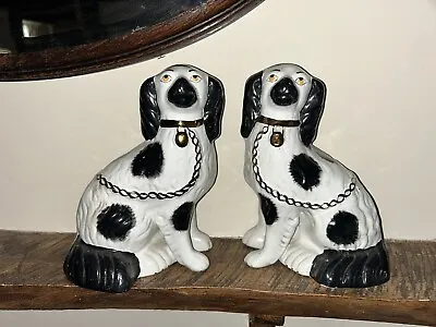 Buy Antique Pair Staffordshire Dogs Black White Gold 8.5 Inches • 97.50£