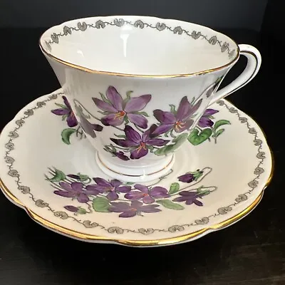 Buy Tuscan TeaCup Saucer 1947-1960 Woodland #C4736 Purple Violets Leaves W/Gold Trim • 41.71£