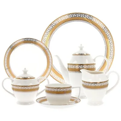 Buy 24 Pcs Royal Greek Key Pattern Bone China Gold Tea Set Cake Plate,Cups,Saucers • 49.95£