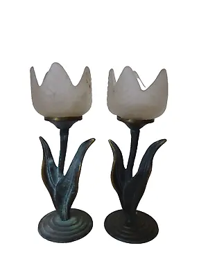 Buy Set Of 2 Aged Green Metal And Frosted Glass Flowers Candle Holders • 12£