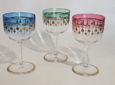 Buy Set Of 3 Antique Bohemian Moser Raised Gold Encrusted Glass Wine Goblets • 172.59£